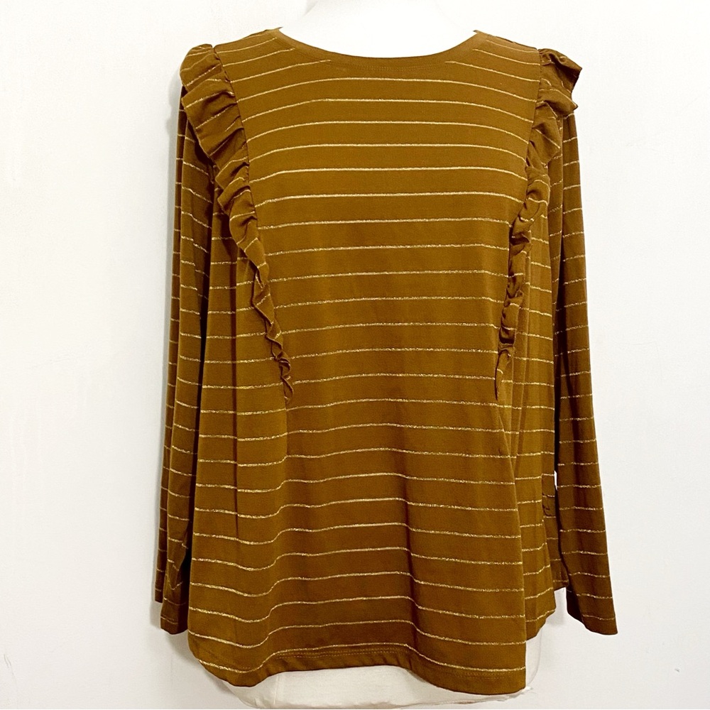 TERRA & SKY metallic stripes ruffle accents polyester knit long sleeve top 2X